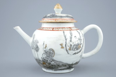 A Chinese grisaille and gilt mythological teapot and cover with Minerva, Qianlong, 18th C.