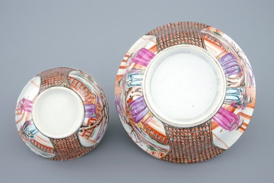 Un ensemble en porcelaine de Chine de type mandarin incl. une tasse et soucoupe, un bol et un support de th&eacute;i&egrave;re, Qianlong