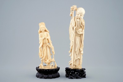 Deux figures en ivoire sculpt&eacute; de Shou Lao et Guanyin, Chine, vers 1900