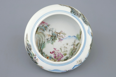 A Chinese famille rose brush washer with a fine landscape, Republic, 20th C.