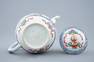 A Chinese Dutch-decorated Amsterdams bont teapot and cover, Kangxi