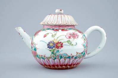 A Chinese famille rose lotus-shaped teapot and cover, Yongzheng, 1723-1735