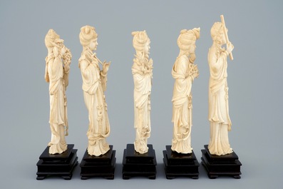 A set of five Chinese carved ivory beauties on wooden stands, 19th C.