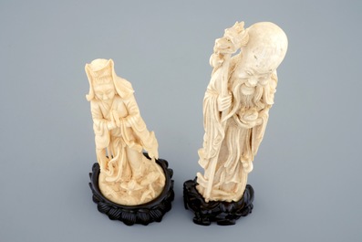 Two Chinese carved ivory figures on wooden base depicting Shou Lao and Guanyin, ca. 1900