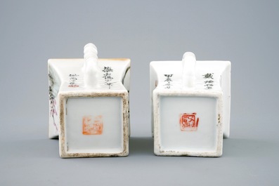 Twee vierkante Chinese wijnkoppen met qianjiang cai decor, 19/20e eeuw