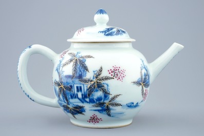 An overdecorated blue and white Chinese teapot and cover, Qianlong, 18th C.