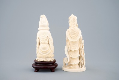 Twee Chinese ivoren figuren van Boddhisatva, ca. 1920