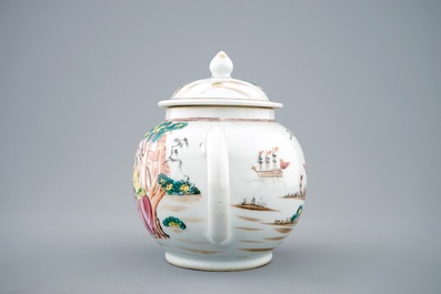 Een Chinese famille rose theepot met Europees decor van het &quot;Afscheid van de zeeman&quot;, Qianlong, 18e eeuw