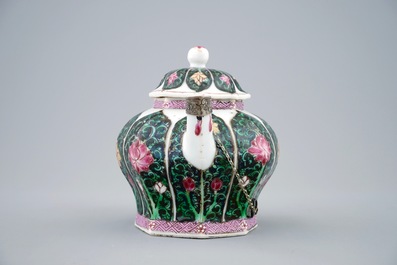 A Chinese silver-mounted famille noire teapot and cover, Yongzheng, 1723-1735