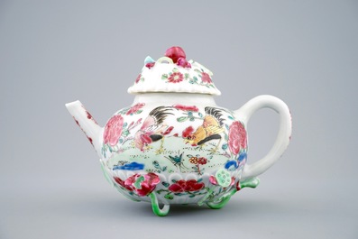 A Chinese famille rose &quot;rooster&quot; teapot with applied lotus stems, Yongzheng, 1723-1735