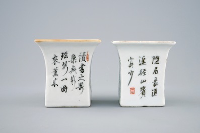 Twee vierkante Chinese wijnkoppen met qianjiang cai decor, 19/20e eeuw