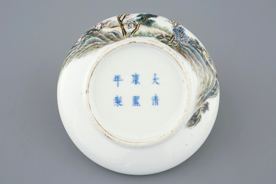 A Chinese famille rose brush washer with a fine landscape, Republic, 20th C.