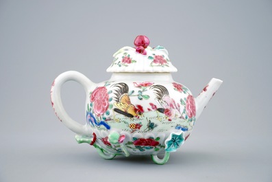 A Chinese famille rose &quot;rooster&quot; teapot with applied lotus stems, Yongzheng, 1723-1735