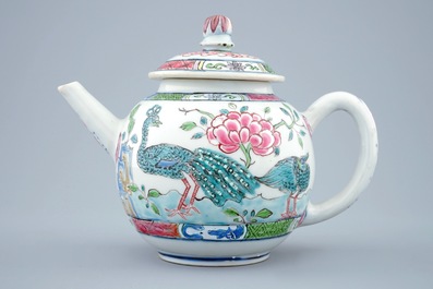 A Chinese London-decorated famille rose teapot and cover with a peacock, Qianlong, 18th C.