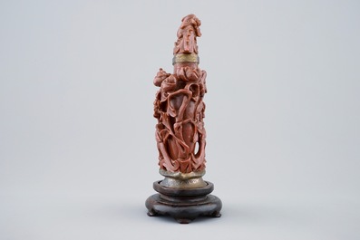 A Chinese carved goldstone vase and cover with bronze mount by Maquet, Paris, 19/20th C.