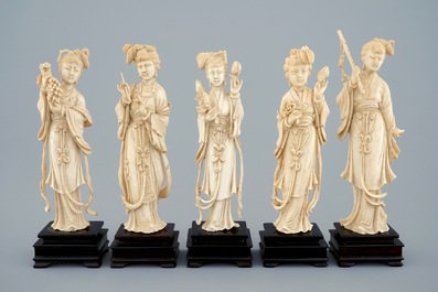 A set of five Chinese carved ivory beauties on wooden stands, 19th C.