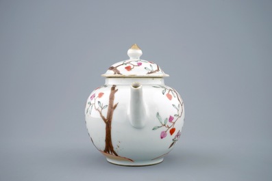 A Chinese famille rose teapot and cover with blossoms and trees, Qianlong, 18th C.