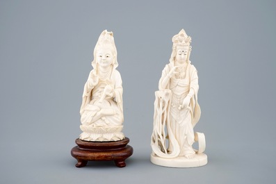 Deux figures de Boddhisatve en ivoire sculpt&eacute;, vers 1920