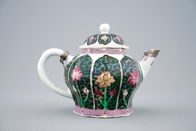 A Chinese silver-mounted famille noire teapot and cover, Yongzheng, 1723-1735