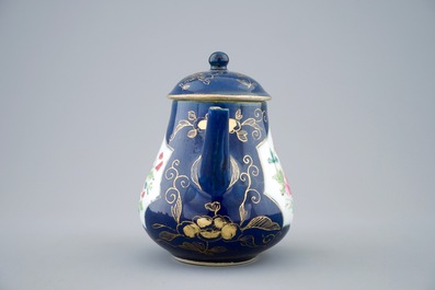 A Chinese famille rose powder blue ground teapot and cover, Yongzheng, 1723-1735
