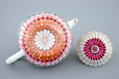 A Chinese famille rose lotus-shaped teapot and cover, Yongzheng, 1723-1735