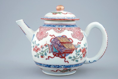 A Chinese Dutch-decorated Amsterdams bont teapot and cover, Kangxi