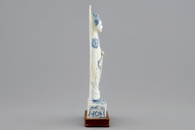A Chinese blue and white figure of Guanyin on a base, the back inscribed, probably Wanli, Ming Dynasty
