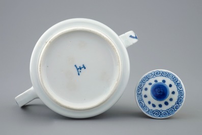 A Chinese blue and white teapot and cover with long Elizas, Kangxi
