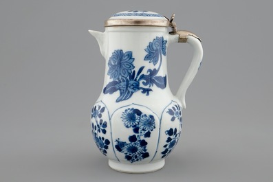 A Chinese blue and white silver-mounted jug and cover, Kangxi