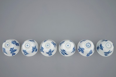 Een set van zes Chinese blauw-witte kop en schotels, Kangxi
