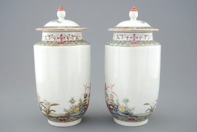 A pair of fine Chinese famille rose vases and covers with quails, Republic, 20th C.