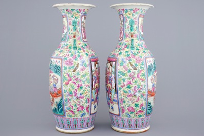 A pair of tall Chinese famille rose vases, 19th C.
