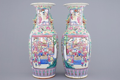 A pair of tall Chinese famille rose vases, 19th C.