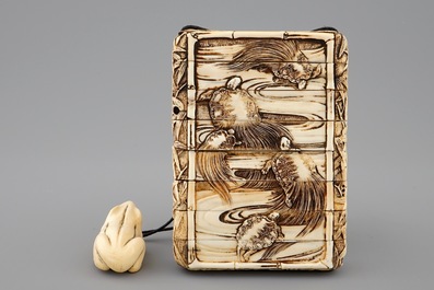 A Japanese ivory inro with netsuke, both signed, Meiji, 19th C.