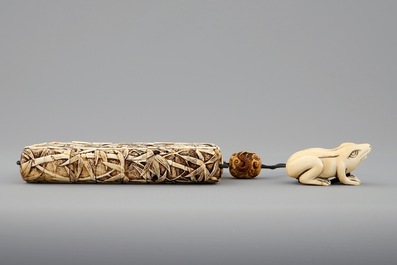 A Japanese ivory inro with netsuke, both signed, Meiji, 19th C.