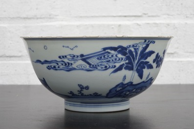 A Chinese blue and white bowl with a rabbit, Kangxi
