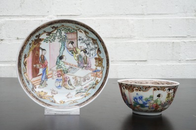 A Chinese famille rose eggshell cup and saucer with ladies playing go, Yongzheng, 1723-1735