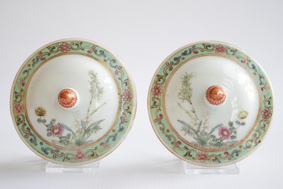 A pair of fine Chinese famille rose vases and covers with quails, Republic, 20th C.