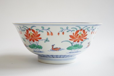 A Chinese doucai &quot;Lotus pond and mandarin ducks&quot; bowl, Qianlong sealmark and poss. of the period