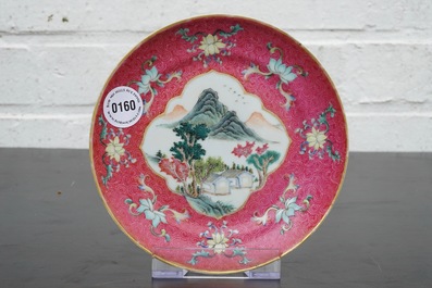 A Chinese ruby back landscape on sgraffito ruby ground, 19/20th C.