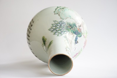 A Chinese qianjiang cai peacock and cranes vase, signed Ma Qing Yun, 19/20th C.