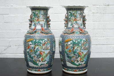 A pair of Chinese famille verte vases with court and garden scenes, 19th C.