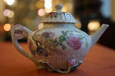 A fine Chinese famille rose teapot with applied lotus stems, Yongzheng, 1723-1735