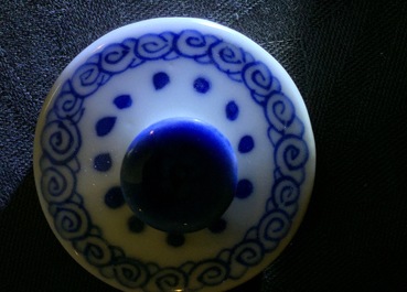 Een kleine Chinese blauw-witte theepot en deksel met lange Lijzen, Kangxi