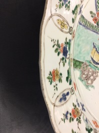 A large Chinese famille verte dish with a botanical garden, Kangxi