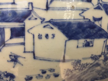 A large Chinese blue and white fish bowl with a view of Canton, 19th C.