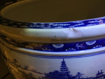 A large Chinese blue and white fish bowl with a view of Canton, 19th C.