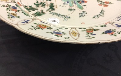 A large Chinese famille verte dish with a botanical garden, Kangxi