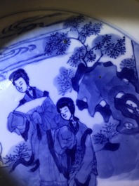 Twee Chinese blauw-witte borden met Chenghua merk, Kangxi