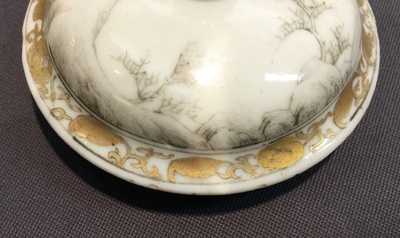 A Chinese grisaille and gilt teapot and cover with a fine landscape, Yongzheng/Qianlong